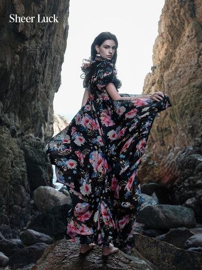 SHEERLUCK SLLYQ26108 Vacation style puffy sleeve trailing dress