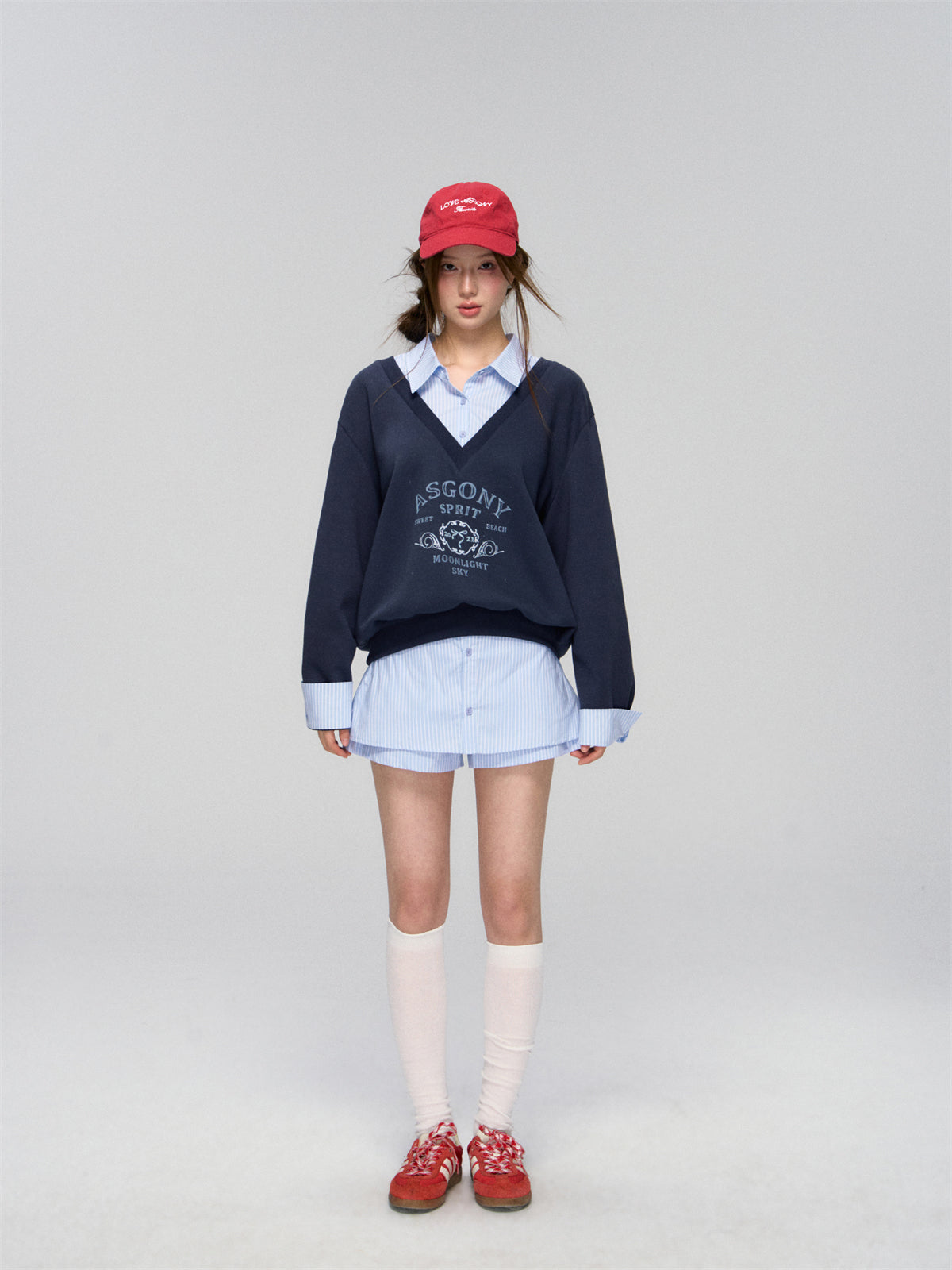 AsGony ASG25020&amp;ASG25021 V-neck patchwork shirt sweatshirt + pants skirt set