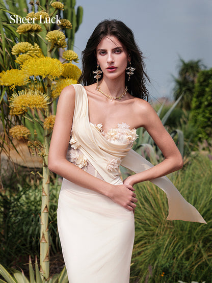 SHEERLUCK SLLYQ26406 3D floral ribbon strapless fishtail dress