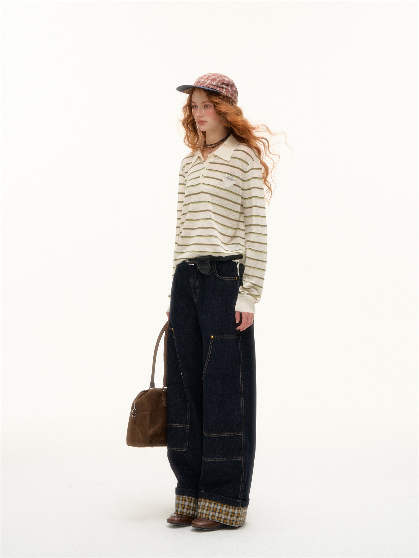 AsGony ASG25391 Striped lapel hem drawstring polo knit base top