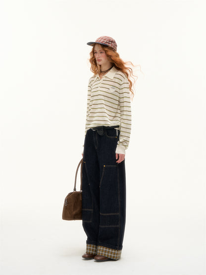 AsGony ASG25391 Striped lapel hem drawstring polo knit base top
