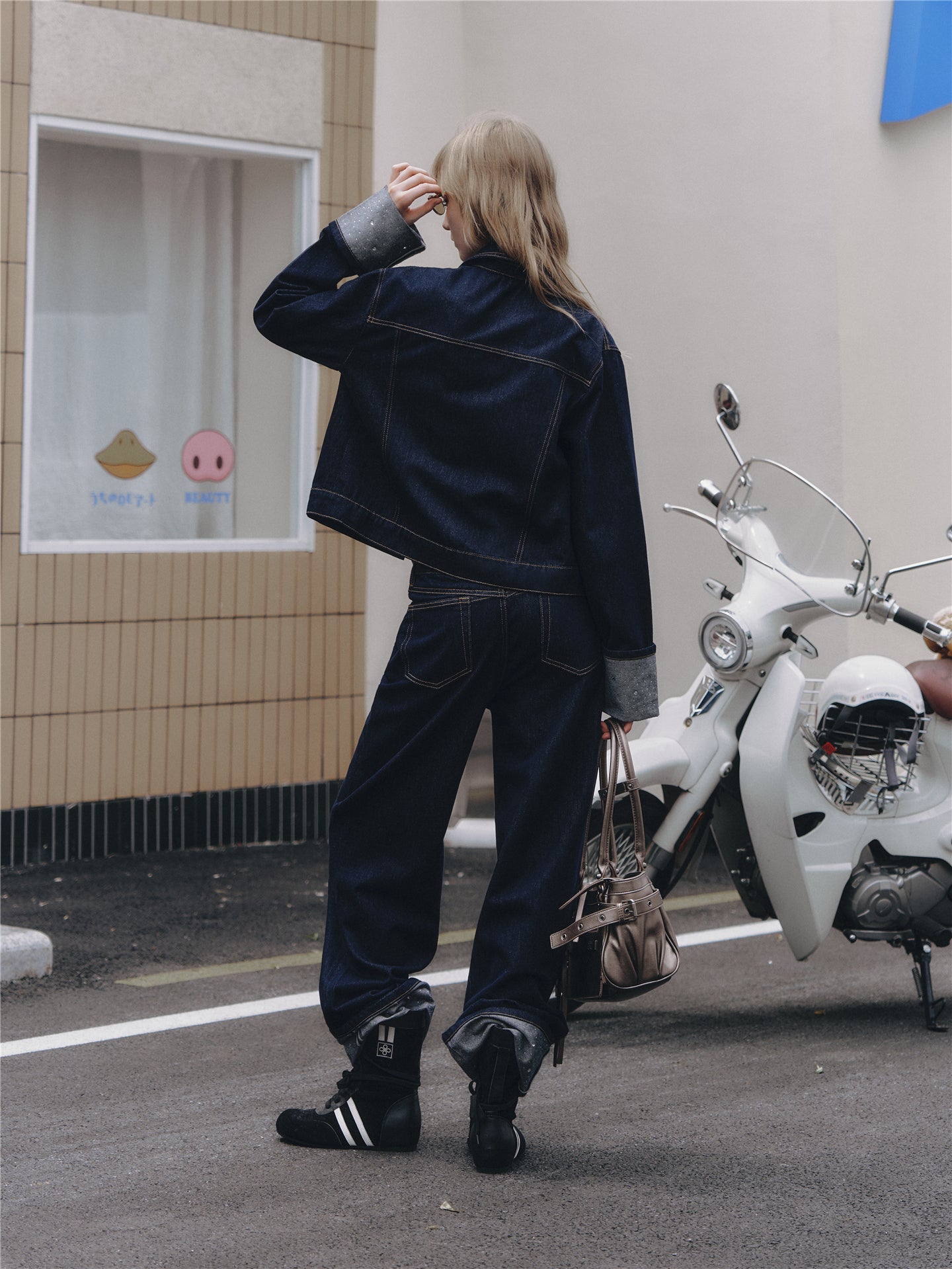 Asgony ASG26506 Raw Denim Jacket+ASG26507 Denim Straight Pants