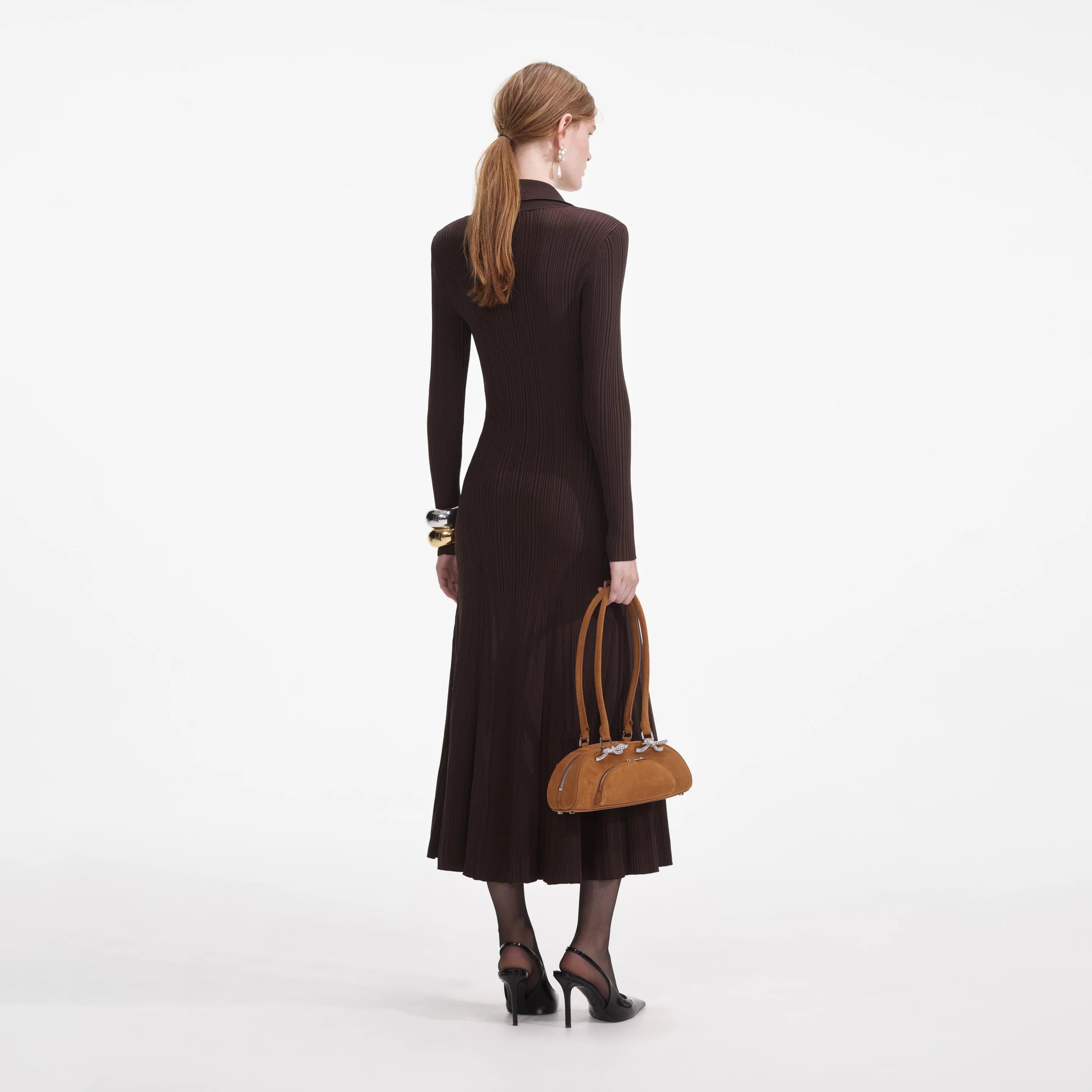 Self-Portrait BROWN VISCOSE RIB KNIT MIDI DRESS