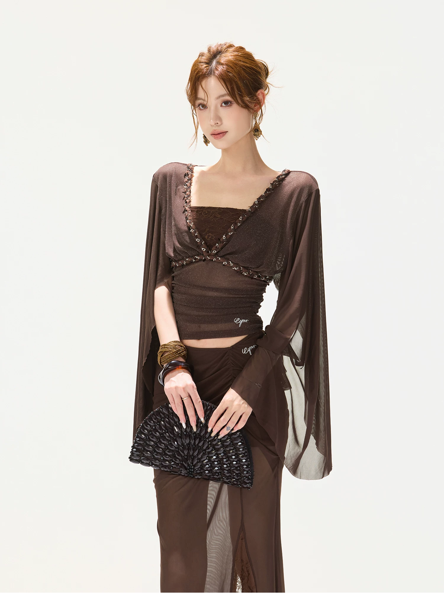 CYNR Rhinestone V-Neck Mesh Flutter Sleeve Top &amp; Mermaid Fishtail Skirt