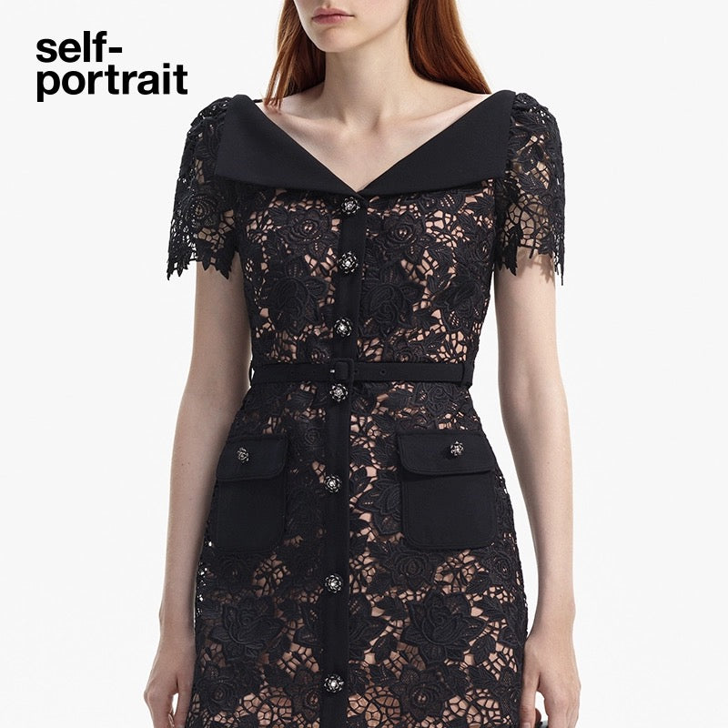 Self-Portrait BLACK LACE OPEN NECK MINI DRESS