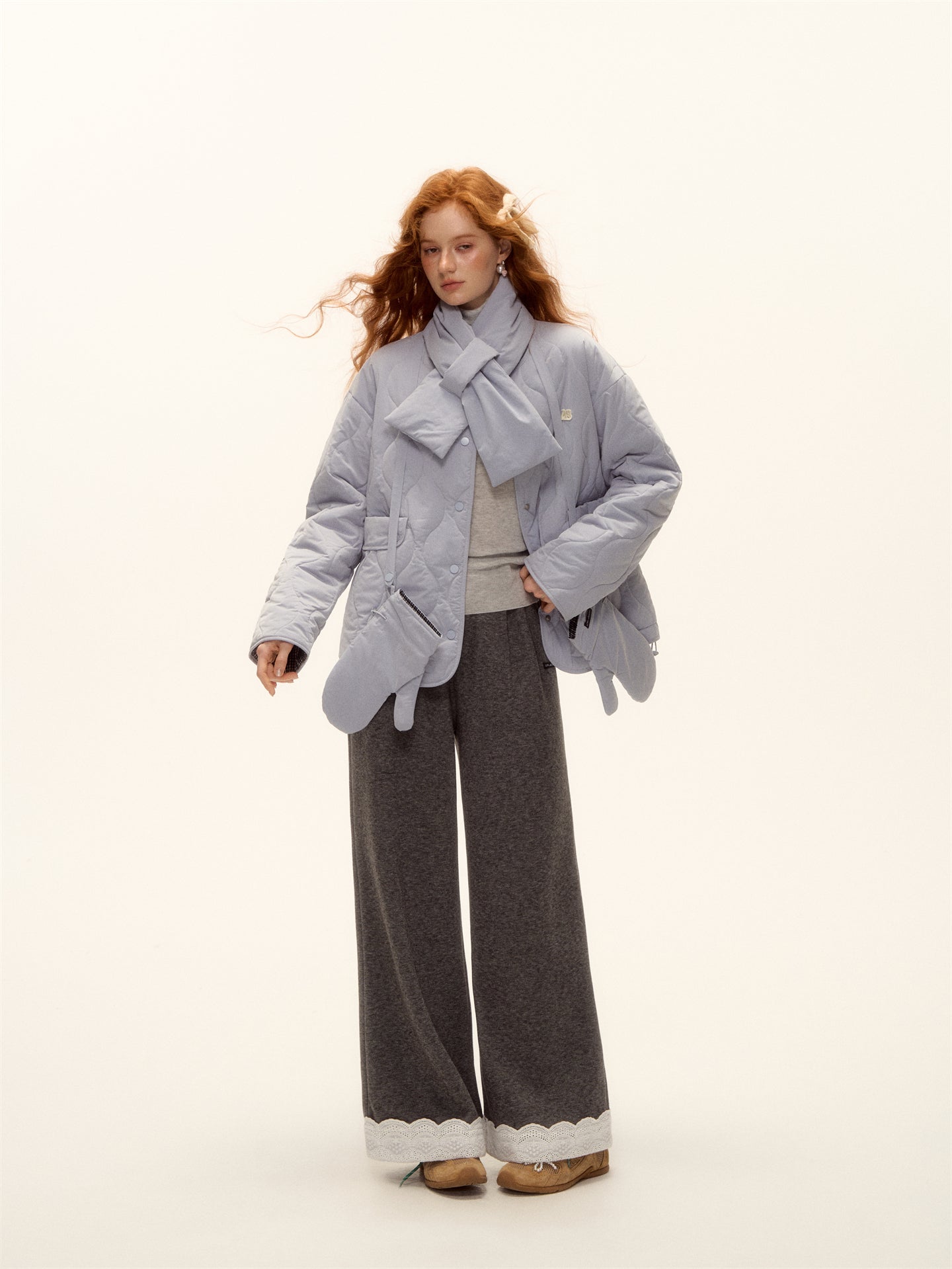 AsGony ASG25456 Double sided plaid scarf gloves cotton suit set