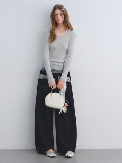 AsGony ASG25638 Lace pocket washed curved knife jeans