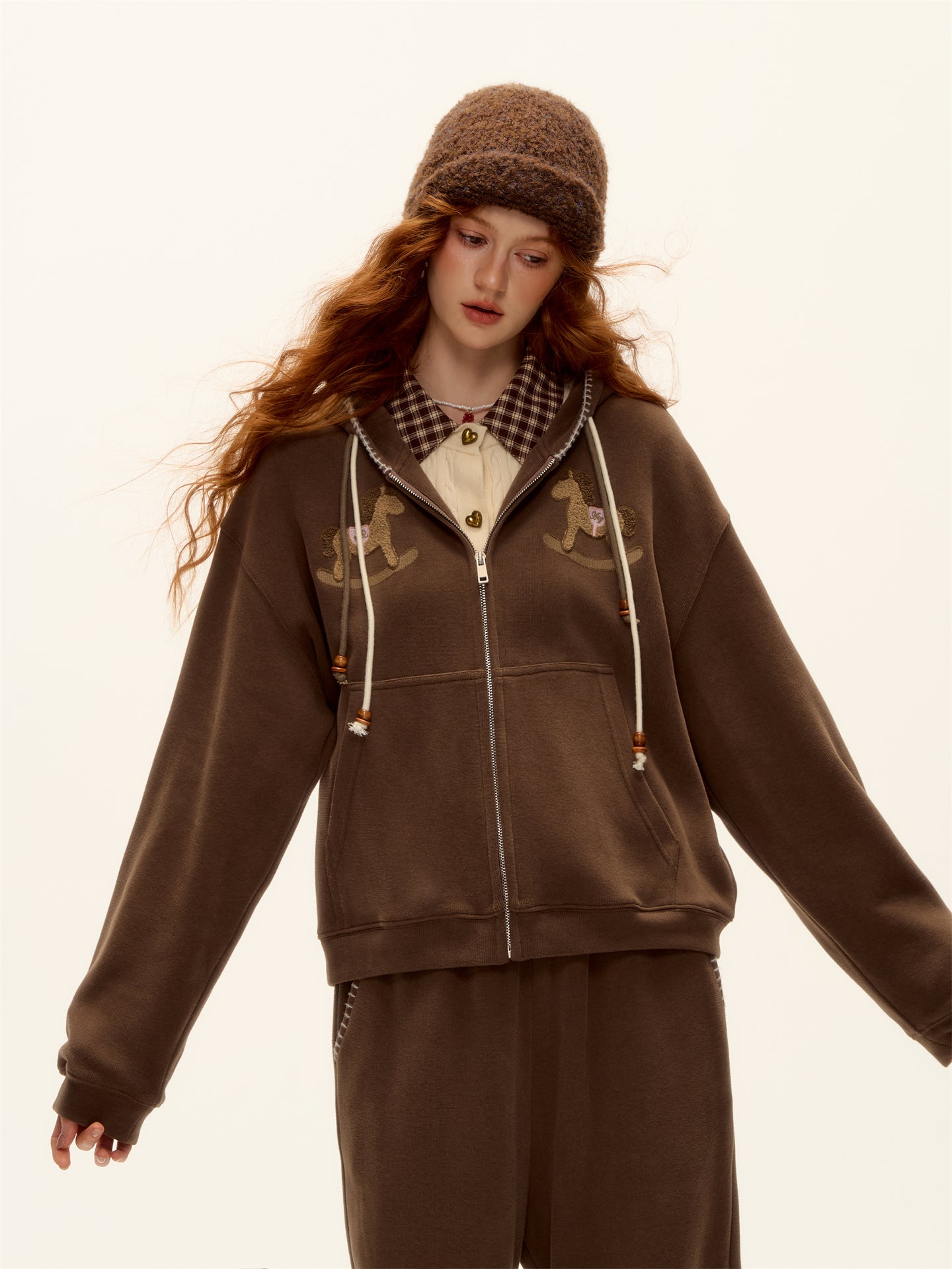 AsGony ASG25488&amp;ASG25489 Embroidered bead hooded jacket + pants