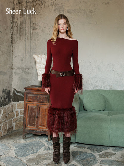 SHEERLUCK SLLYQ25506 Retro off shoulder knitted dress