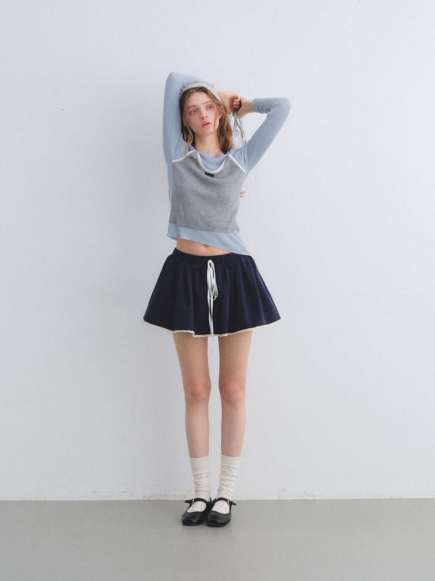 AsGony ASG25661&amp;ASG25644 Fake two-piece contrasting knitted base top + skirt set