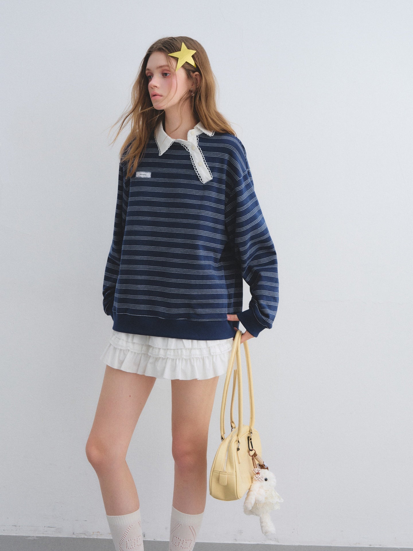 AsGony ASG25658 Slanted placket lace collar striped patchwork hoodie