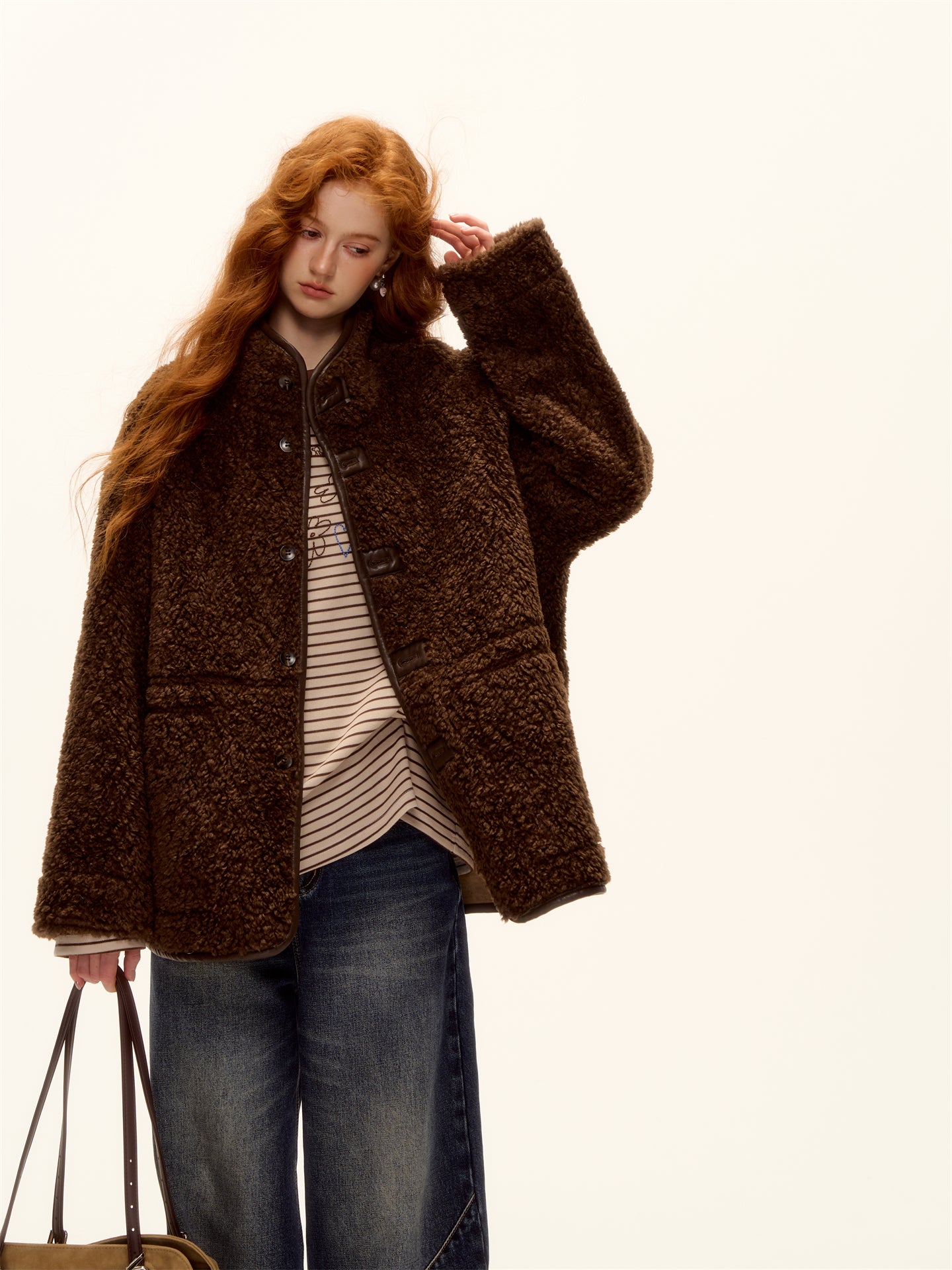 AsGony ASG25469 Double sided fur integrated suede lamb coat