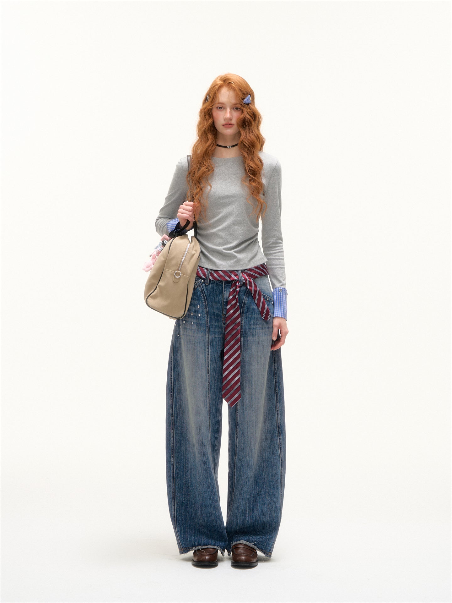 AsGony ASG25387 Detachable plaid round neck bottom top with detachable cuffs