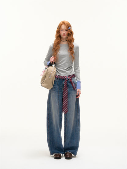 AsGony ASG25387 Detachable plaid round neck bottom top with detachable cuffs