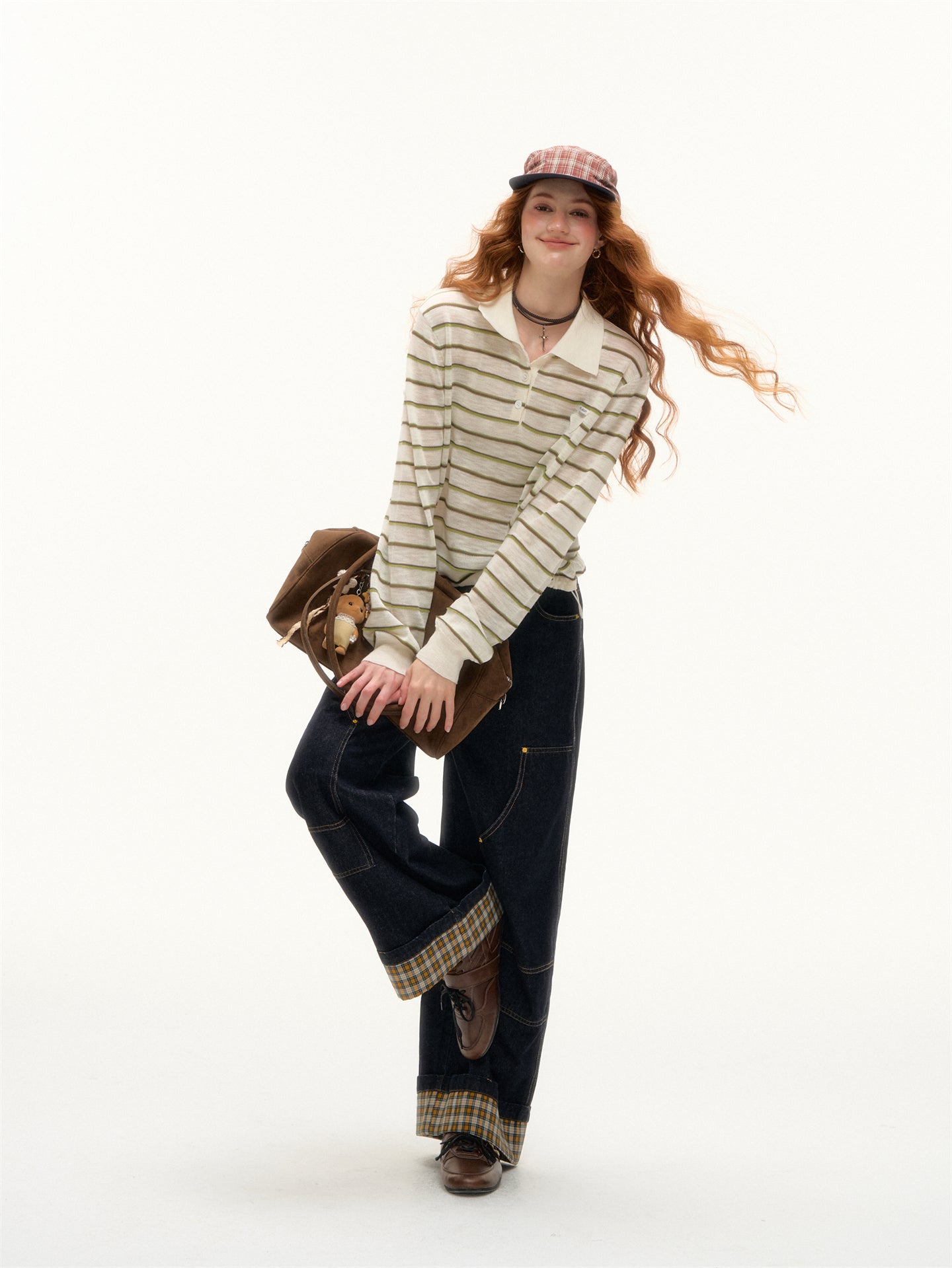 AsGony ASG25391 Striped lapel hem drawstring polo knit base top