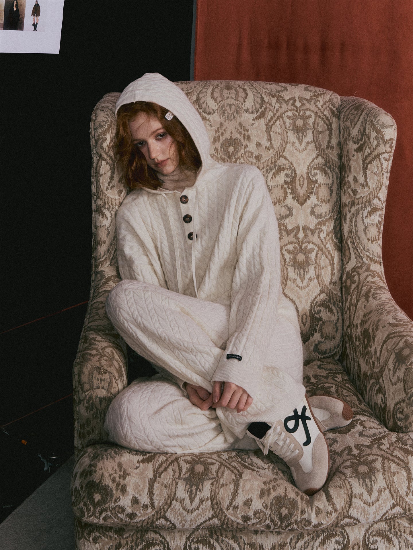 AsGony ASG25490&amp;ASG25521 Wool pullover hooded button twisted knit sweater + pants