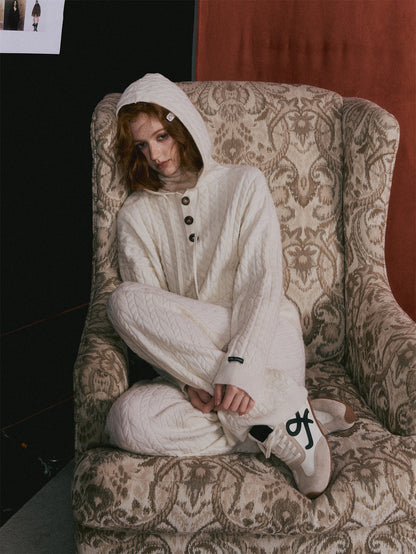 AsGony ASG25490&amp;ASG25521 Wool pullover hooded button twisted knit sweater + pants