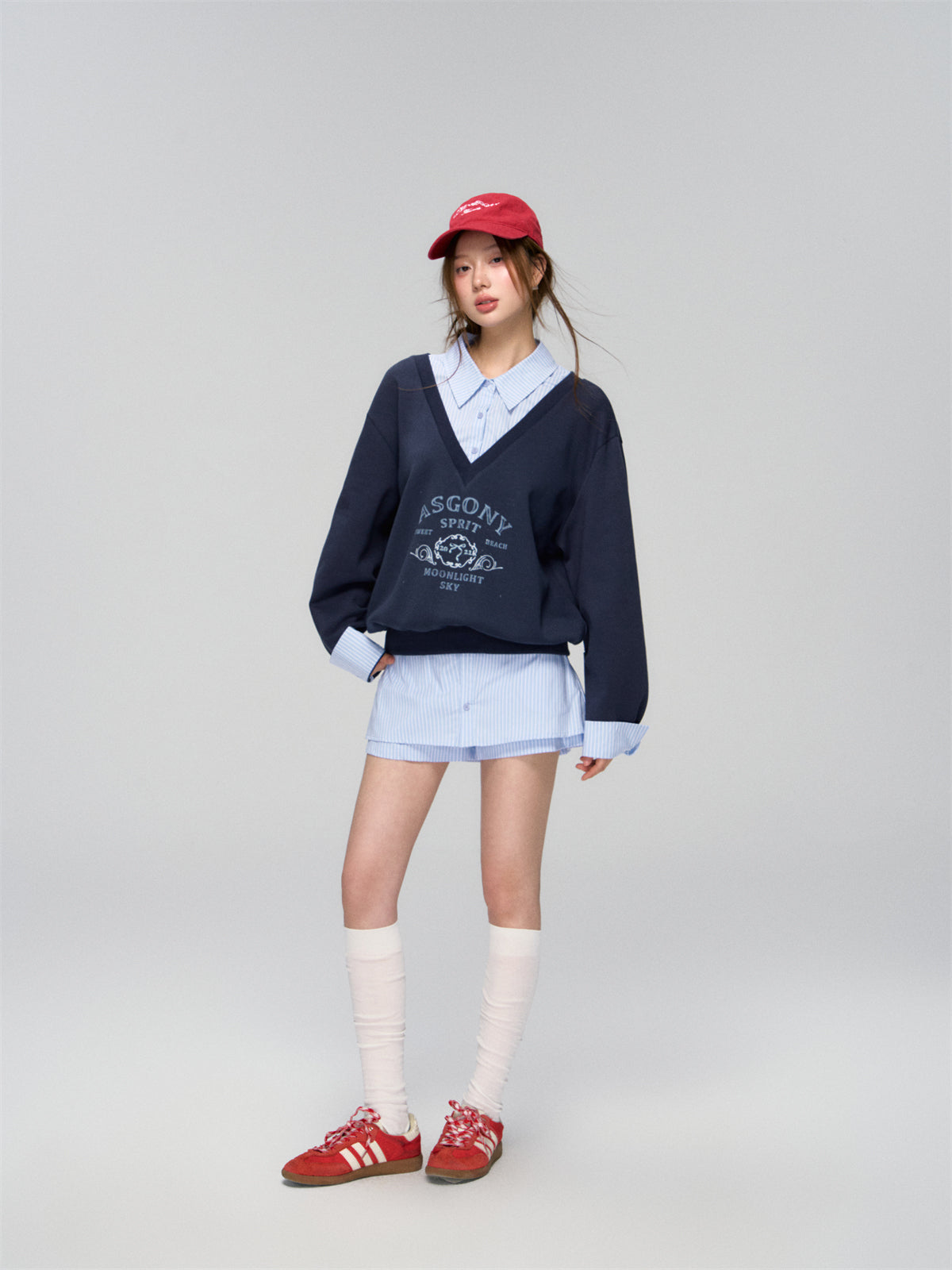 AsGony ASG25020&amp;ASG25021 V-neck patchwork shirt sweatshirt + pants skirt set