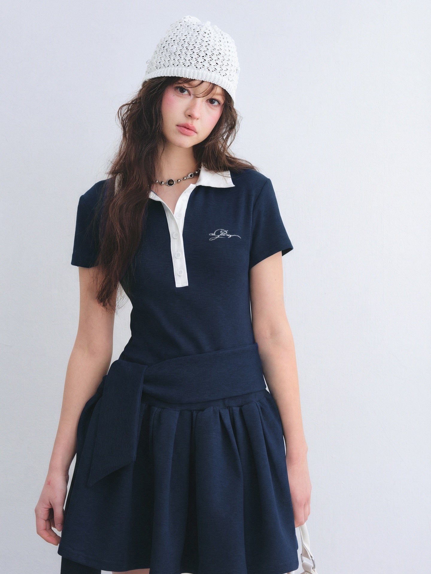 AsGony ASG26020 Polo collar puffy dress tie two-piece set
