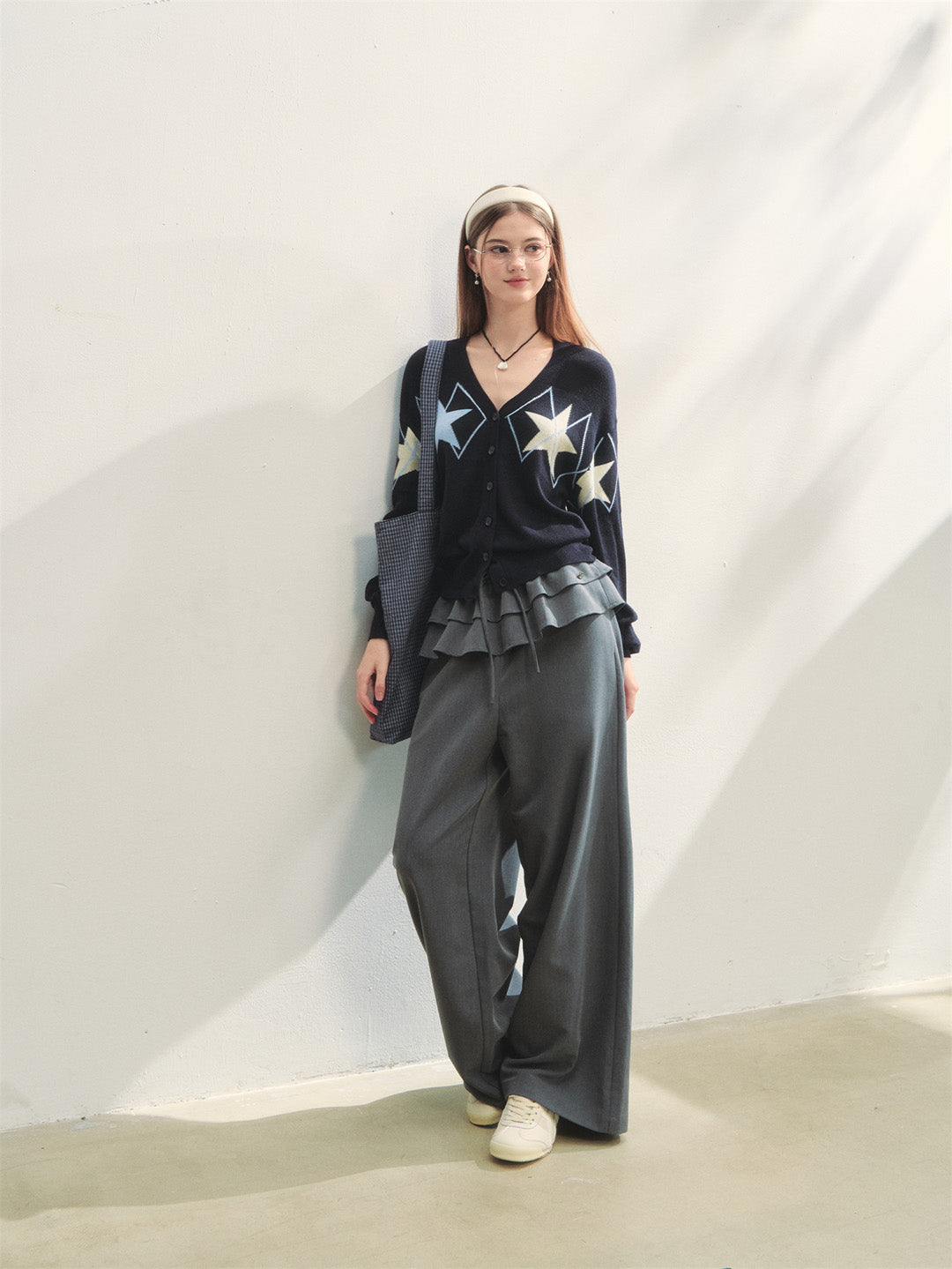 AsGony ASG25275 Double layered ruffle edge tied casual pants