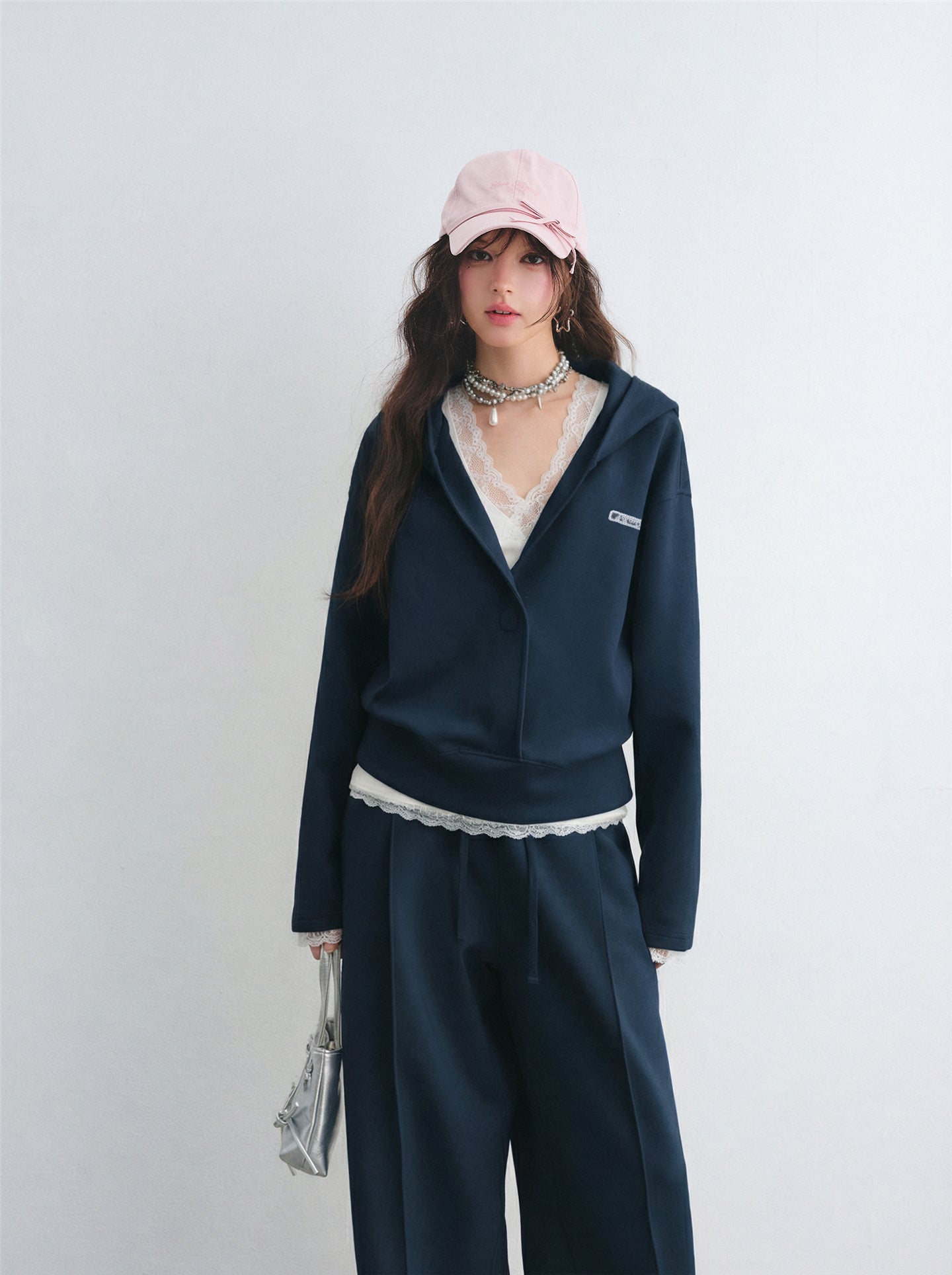 AsGony ASG26038&amp;ASG26039 V-neck cross lace patchwork vest hoodie + pants