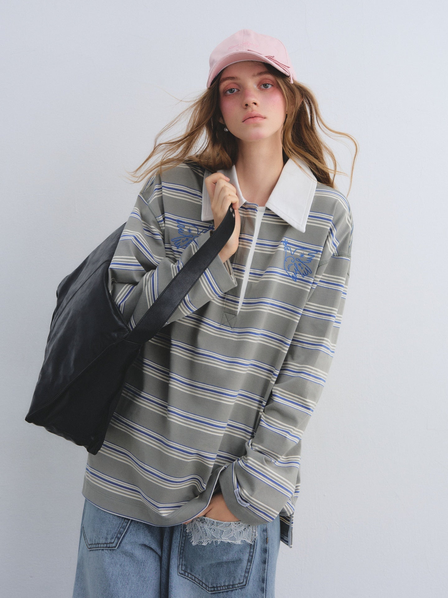 AsGony ASG25646 Collar patchwork striped embroidered long sleeved polo shirt