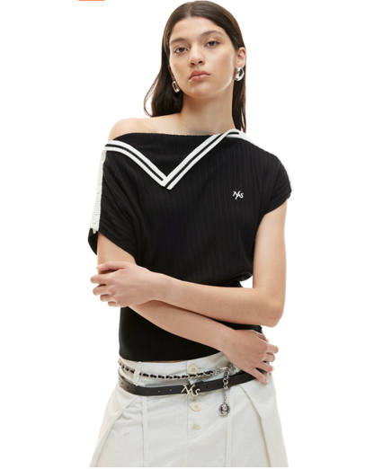 NAWS NAW-T074026 Contrast-Trim Asymmetric Off-Shoulder Striped Top