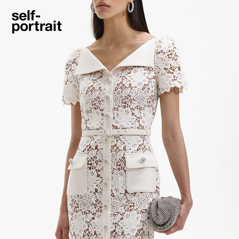 Self-Portrait WHITE LACE OPEN NECK MIDI DRESS