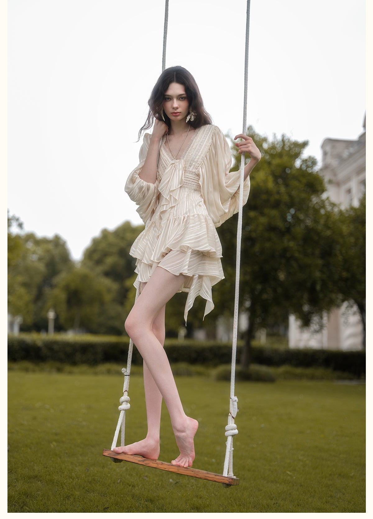 SHEERLUCK SLLYQ26702 Wing V-Neck Batwing Sleeve Dress-Creamy Apricot
