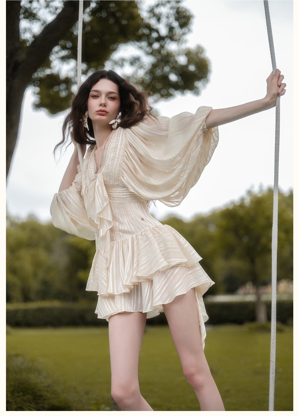 SHEERLUCK SLLYQ26702 Wing V-Neck Batwing Sleeve Dress-Creamy Apricot