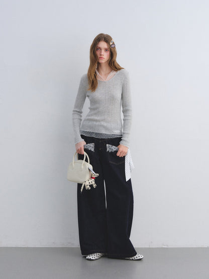 AsGony ASG25638 Lace pocket washed curved knife jeans