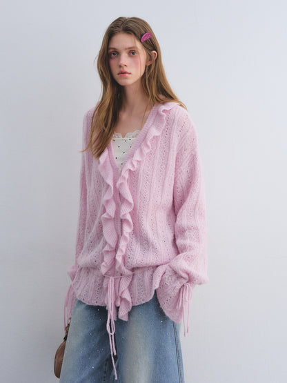 AsGony ASG25650 Woolen pleated hollow knitted cardigan