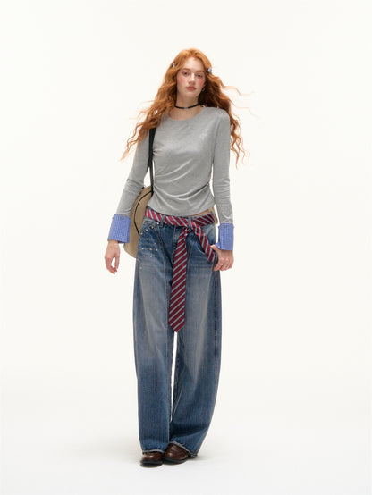 AsGony ASG25387 Detachable plaid round neck bottom top with detachable cuffs