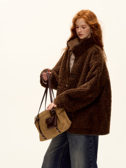 AsGony ASG25469 Double sided fur integrated suede lamb coat