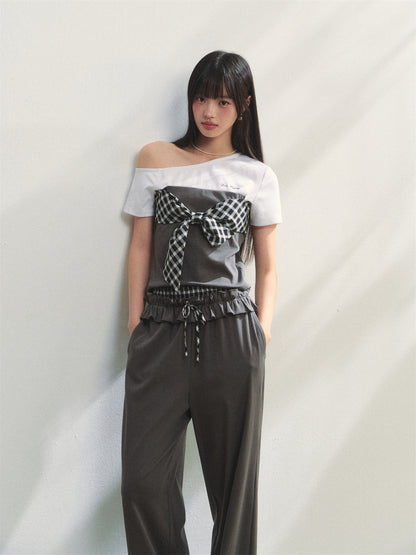 AsGony ASG25207&amp;ASG25208 Grid tied slim fit top+sports pants (2color)