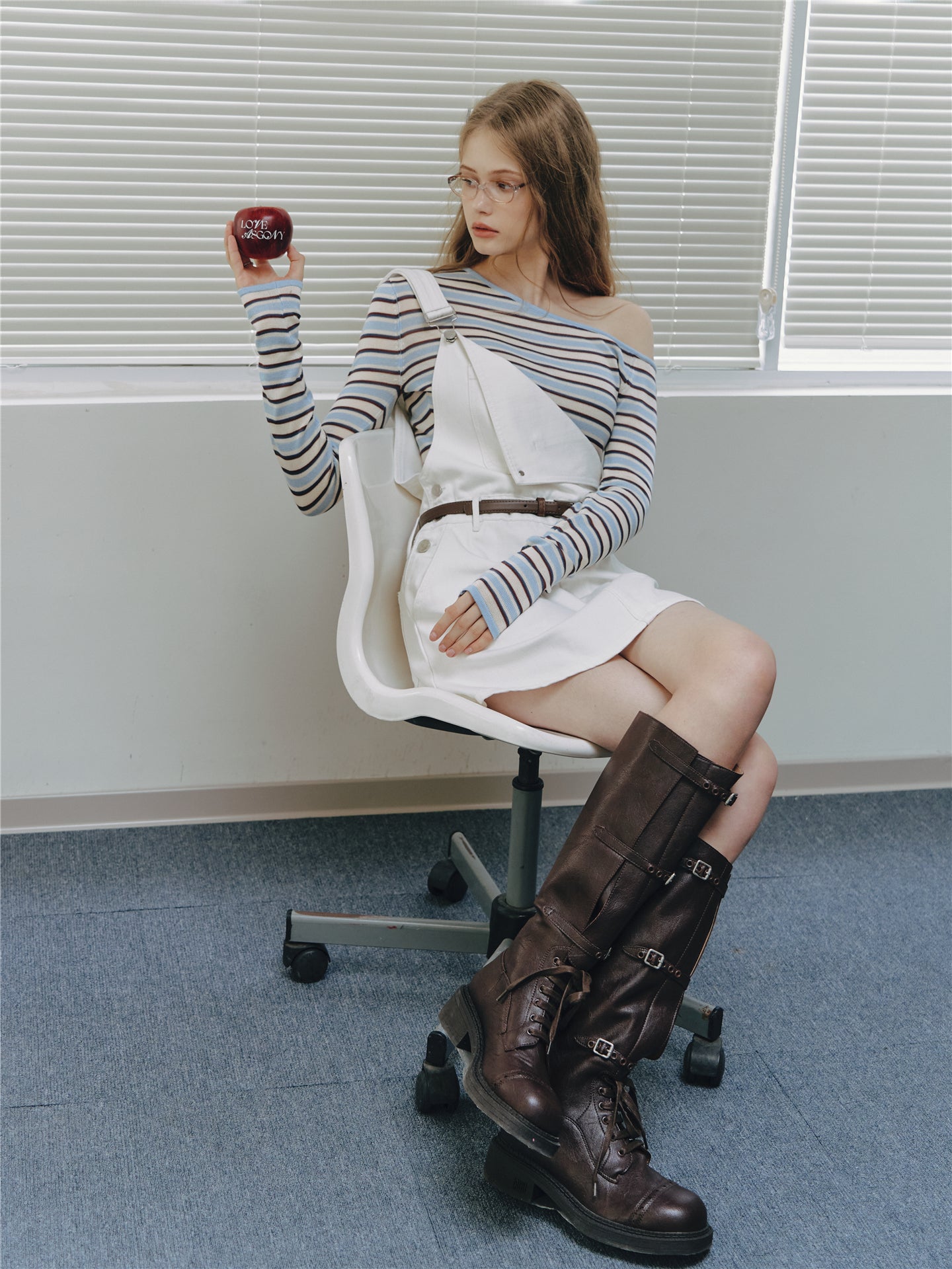 Asgony ASG26513 Striped One-Shoulder Long-Sleeve Knit Top