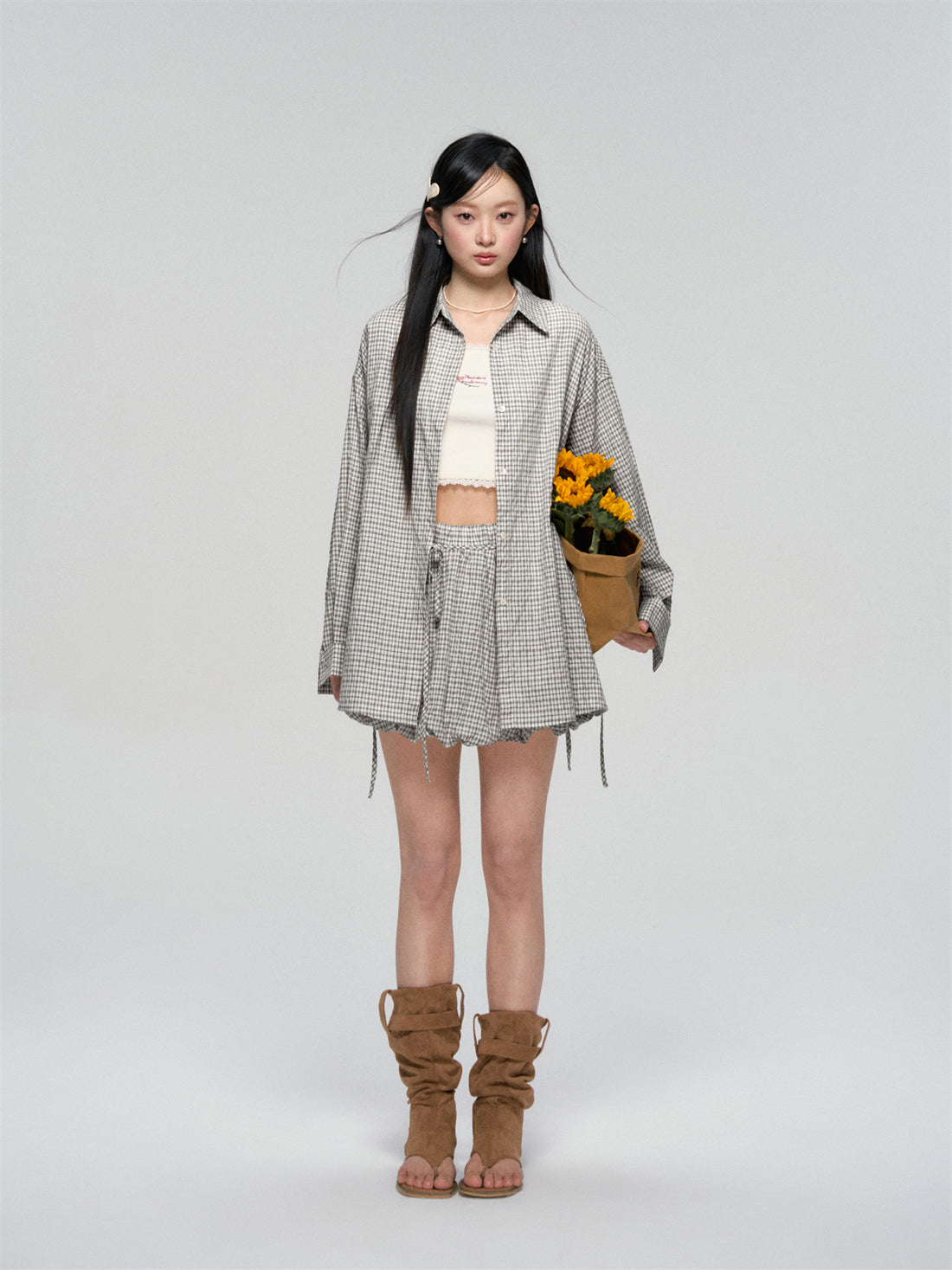 AsGony ASG25059&ASG25060 Lace up casual checkered shirt +skirt set (2color)