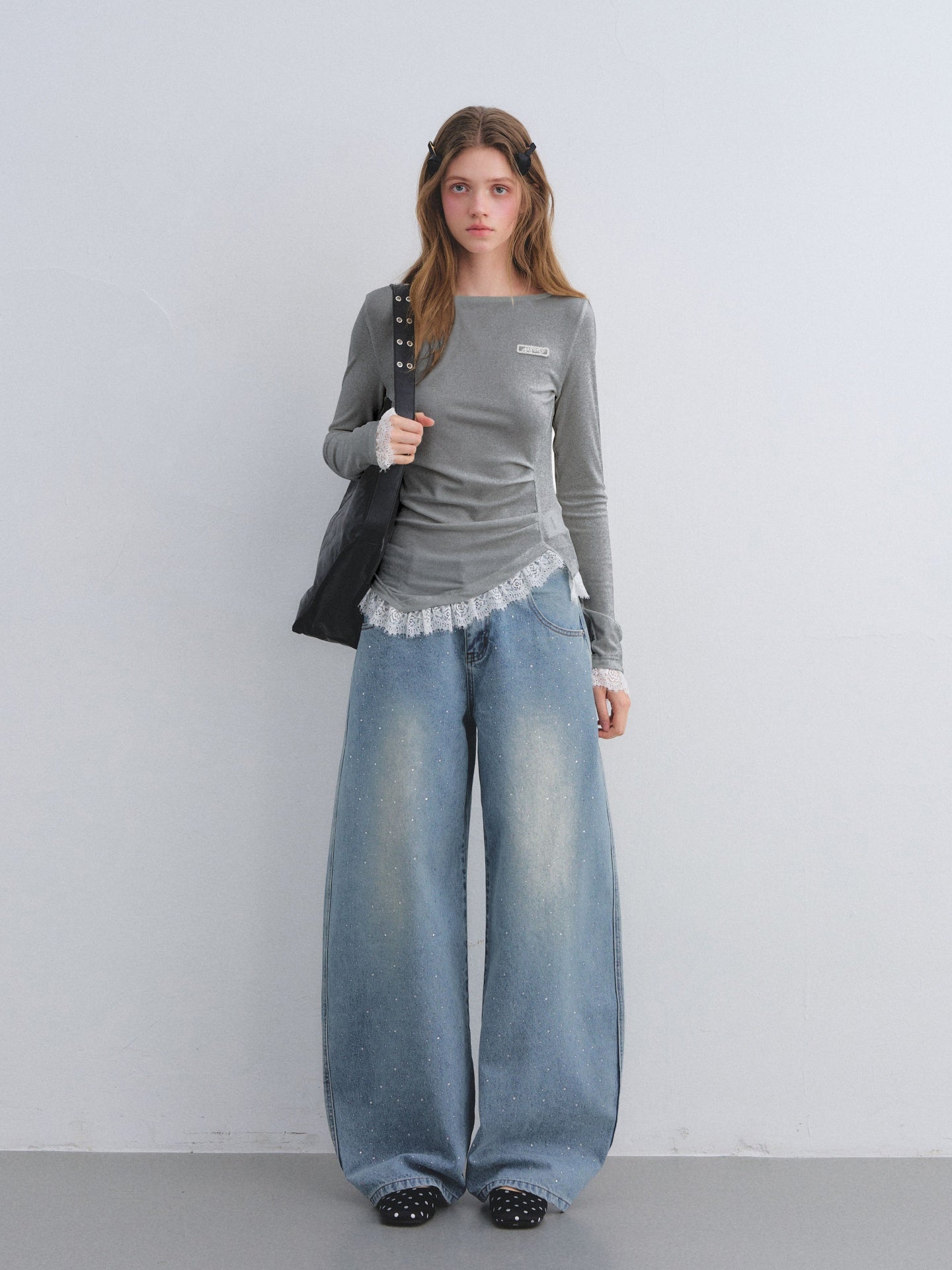 AsGony ASG25680 Irregular lace patchwork waistband bottom top