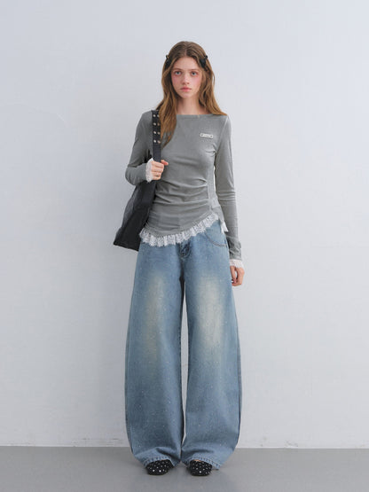 AsGony ASG25680 Irregular lace patchwork waistband bottom top