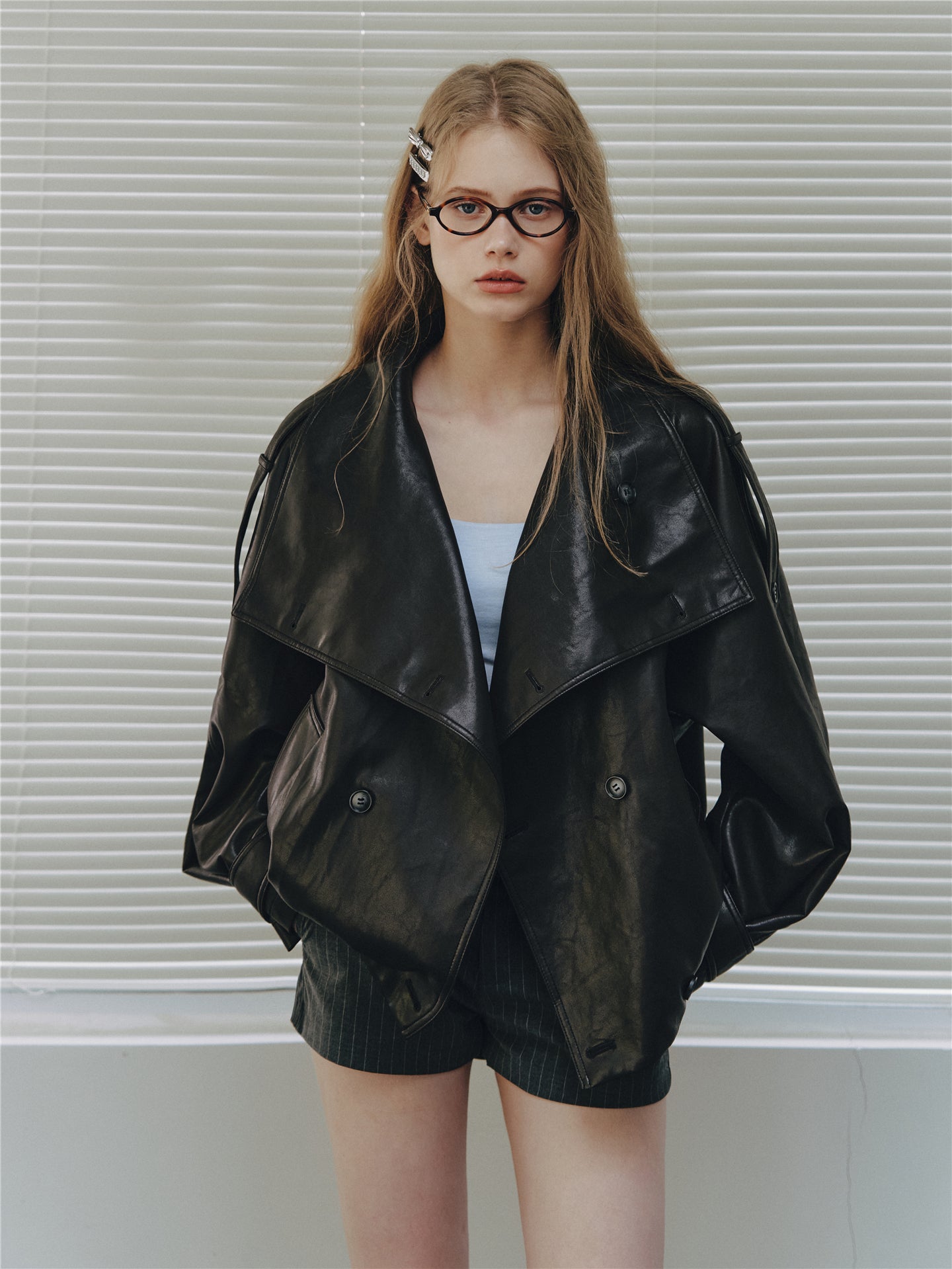 Asgony ASG26542 Oversized Collar Double-Breasted Leather Jacket