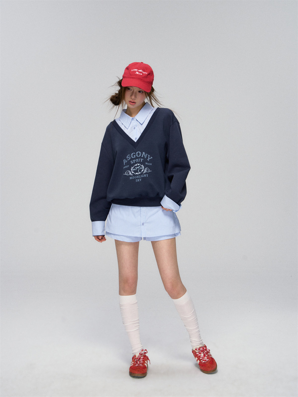 AsGony ASG25020&amp;ASG25021 V-neck patchwork shirt sweatshirt + pants skirt set