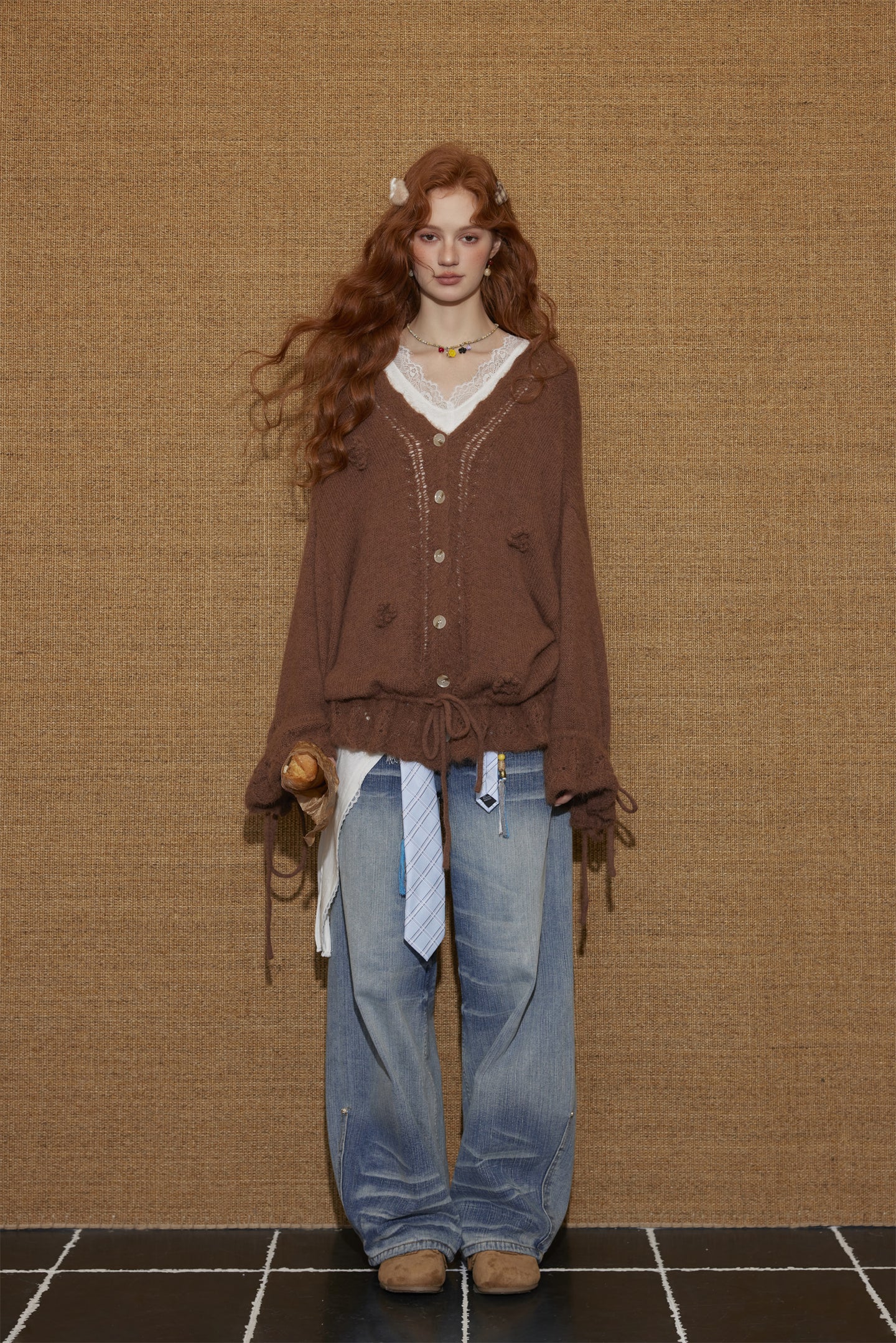 AsGony ASG25452 V-neck flower tie wool blend knitted cardigan
