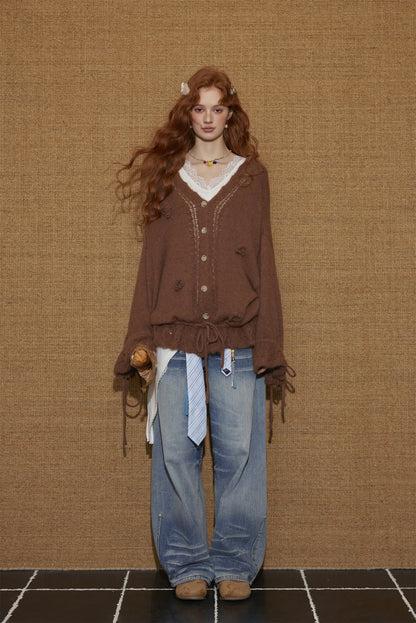 AsGony ASG25452 V-neck flower tie wool blend knitted cardigan