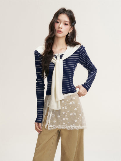 16DEWS 16D25449 Fake two piece slim fit long sleeved knitted top