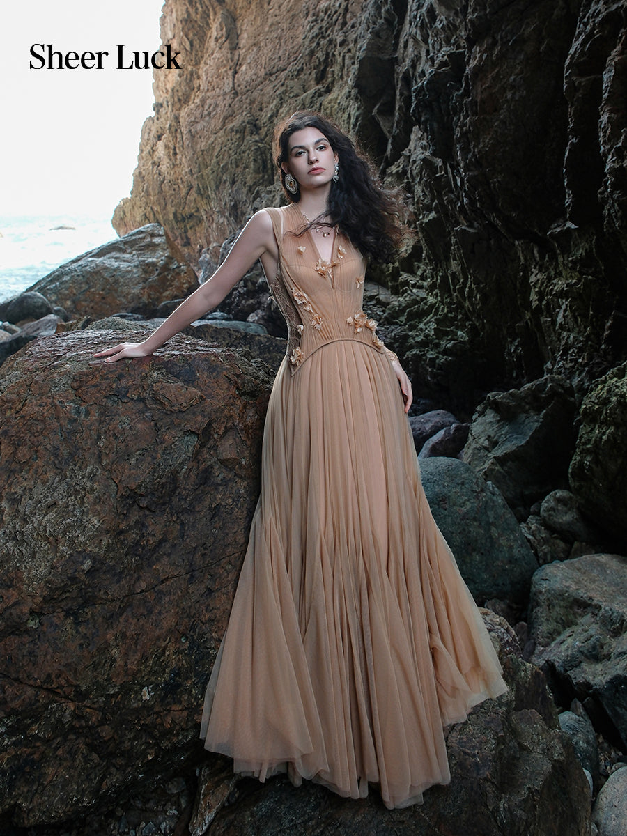 SHEERLUCK SLLYQ26107 Lace fishbone halter neck dress