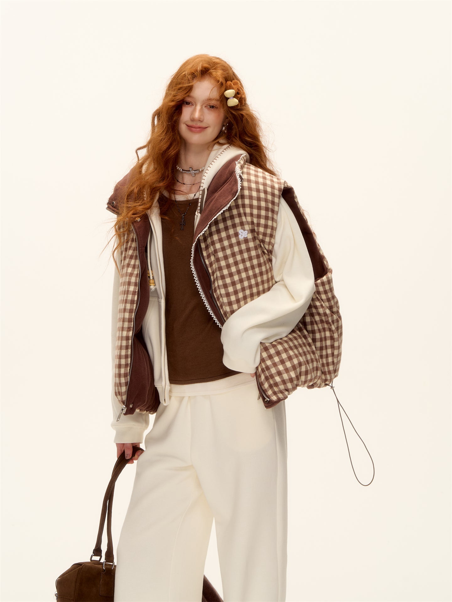 AsGony ASG25503 Double sided plaid lace patchwork vest