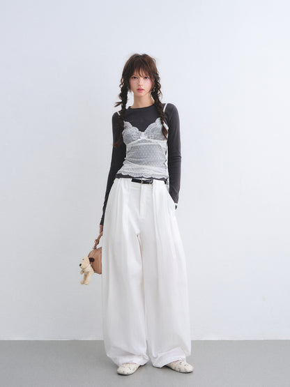 AsGony ASG26013 Fake two lace patchwork long sleeved base T-shirt
