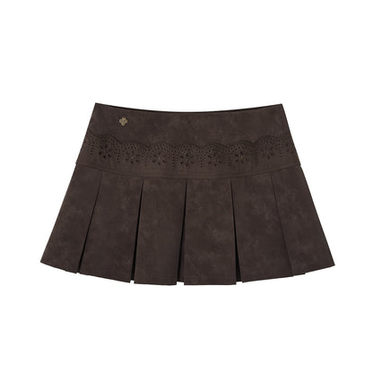 SOMESOWE S2508261 Lace patchwork velvet pleated leather short skirt