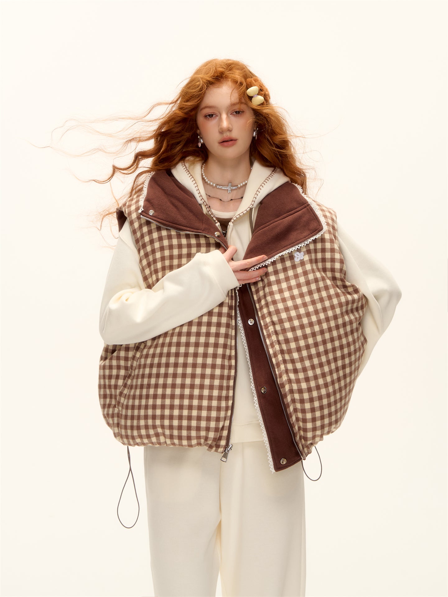 AsGony ASG25503 Double sided plaid lace patchwork vest