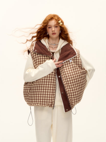 AsGony ASG25503 Double sided plaid lace patchwork vest